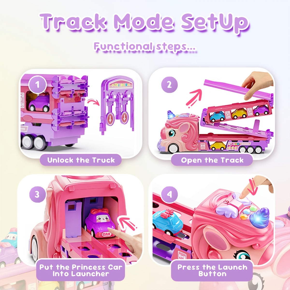 Pink Monster Truck Track Set with 8 Princess Cars – Light & Sound Friction Power, 2-Player Fold-Out Race Track Toy for Girls Boys Ages 3 4 5