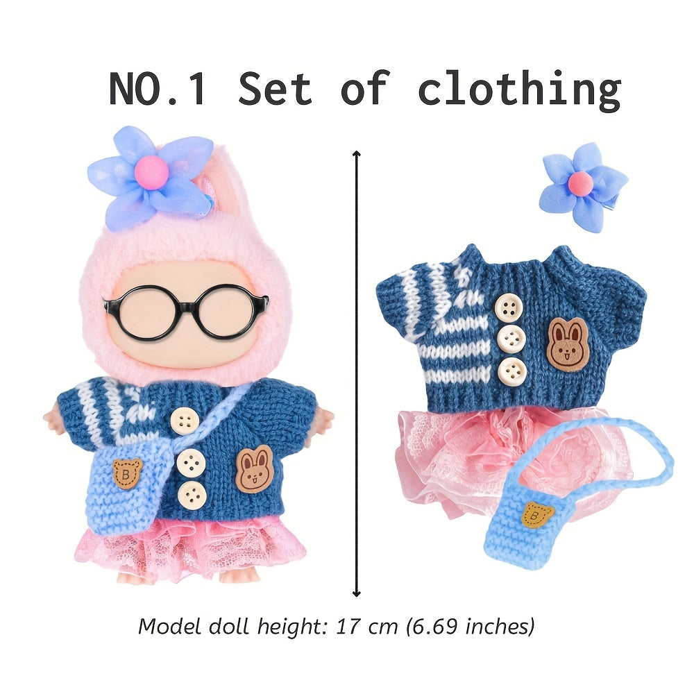 Labubu Doll Clothes 3 Sets for 17cm Plush Dolls – Knit Tops Bubble Tulle Skirts Floral Hair Clips & Bags Blue Beige Pink Complete Fashion Outfits Gift Ages 3+