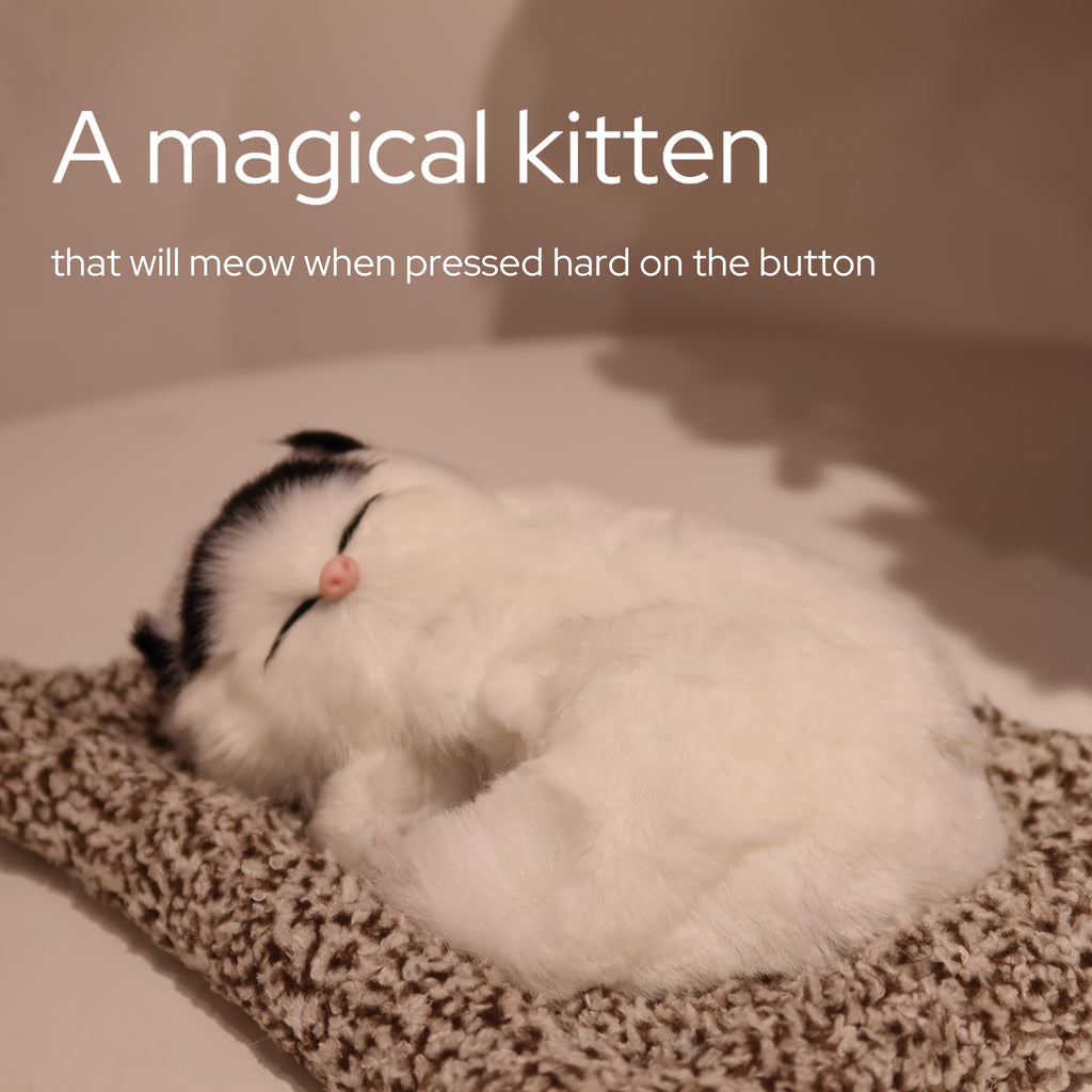 Sleeping Kitten Plush Toy with Meow Sound – Realistic Stuffed Cat Doll Soft Faux Fur, Press-Back Sound, Cute Mini Decor Gift for Kids & Cat Lovers