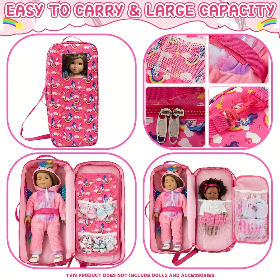 18 Inch Doll Travel Bag Unicorn Rainbow Print – Pink Large Capacity Multi-Pocket Crossbody Carrier Bag for 18 Inch Dolls & Accessories, Gift for Girls Ages 3+