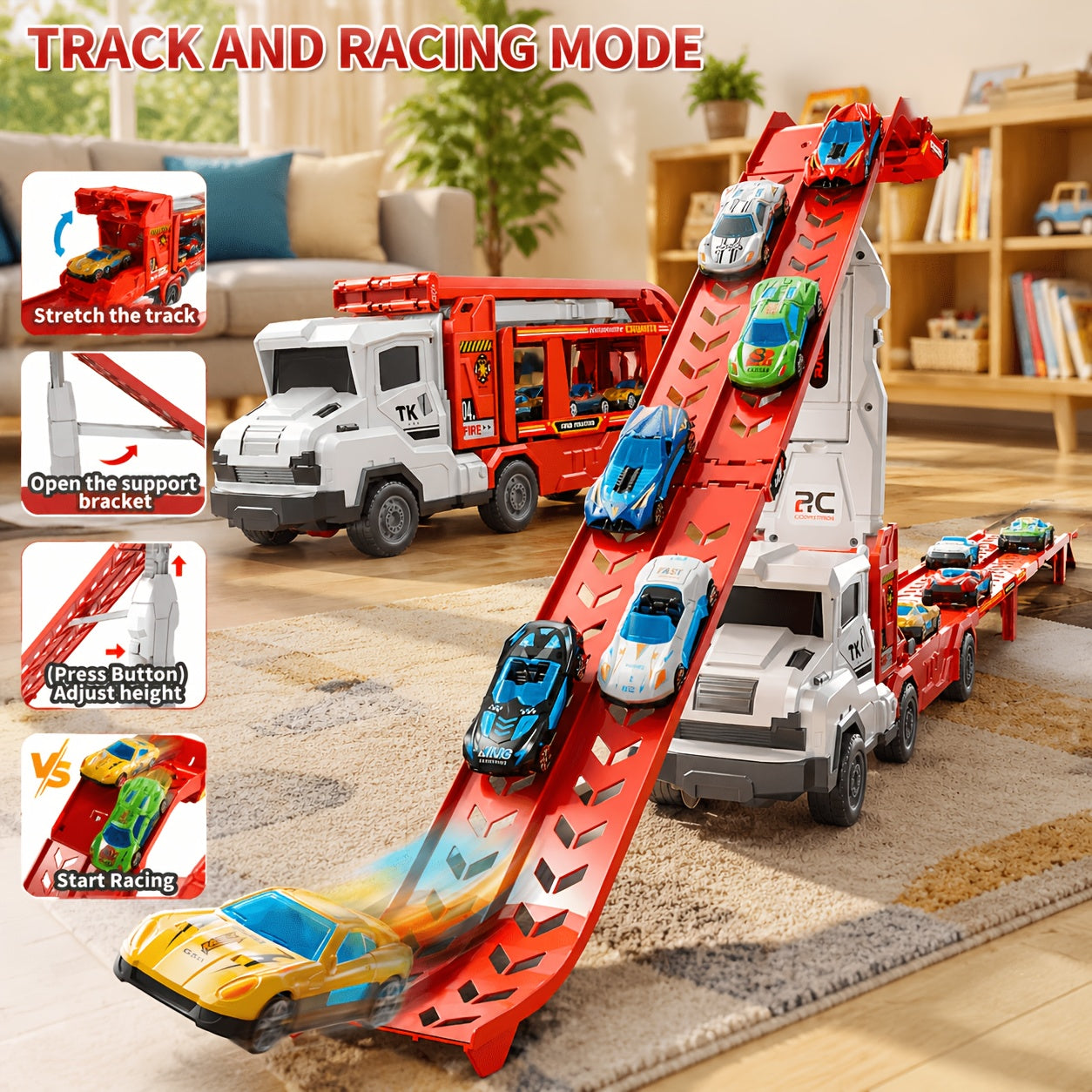 3-in-1 Kids Carrier Truck Toy with Car Tracks, 12 Racing Cars, Foldable Race Track & Garage – Toddler Birthday Gift for Boys Girls Ages 3+, Red