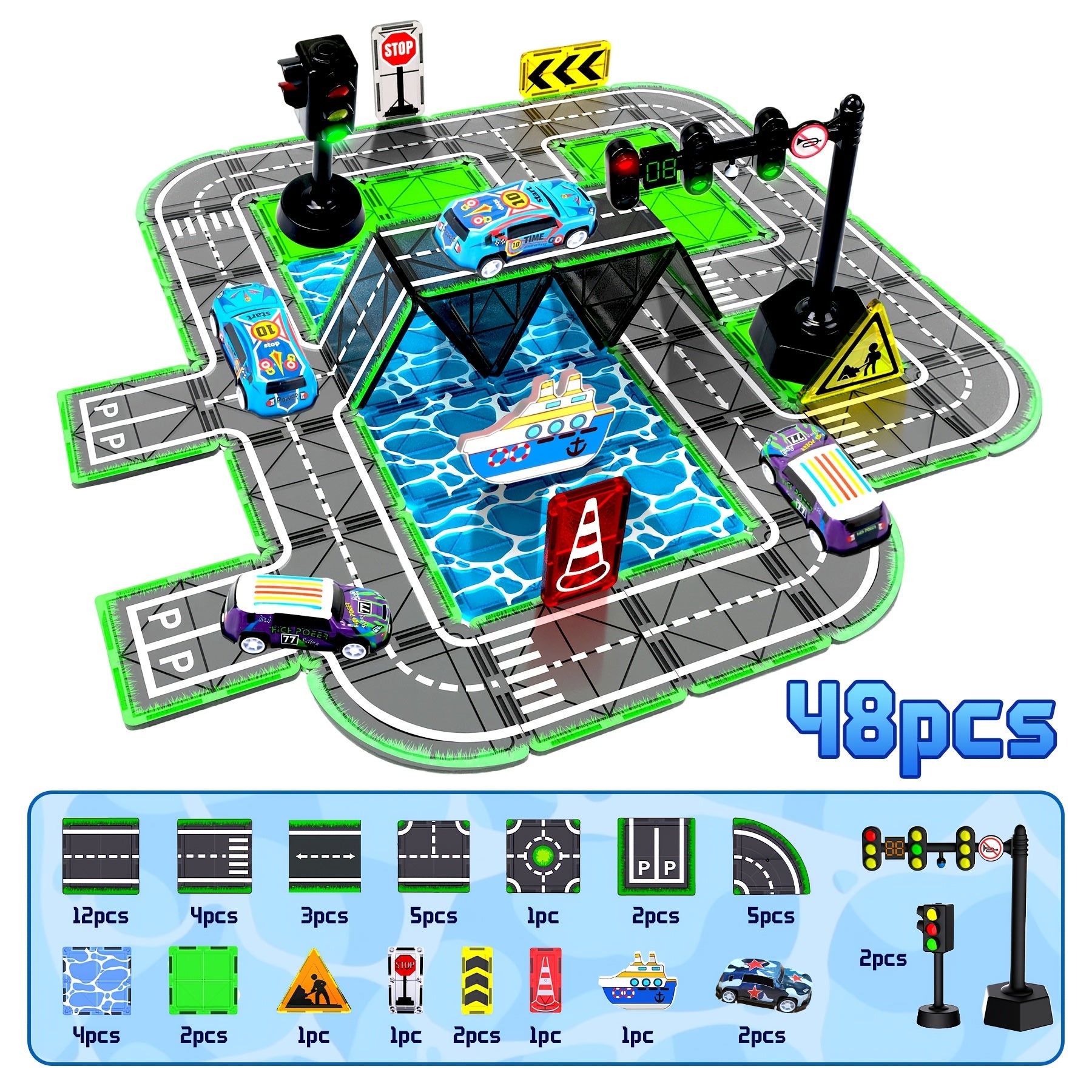 Magnetic Track Set for Small Cars 44 48 121pcs STEM Educational Building Blocks Road Layout Toy for Boys Girls Ages 3+ Birthday Christmas Gift