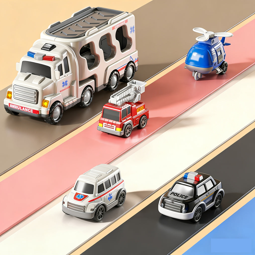 5-in-1 Ambulance Fire Truck Carrier Toy with Lights Sounds Friction Power Emergency Vehicle Playset for Kids Boys Girls Toddlers Ages 3 4 5 Birthday Christmas