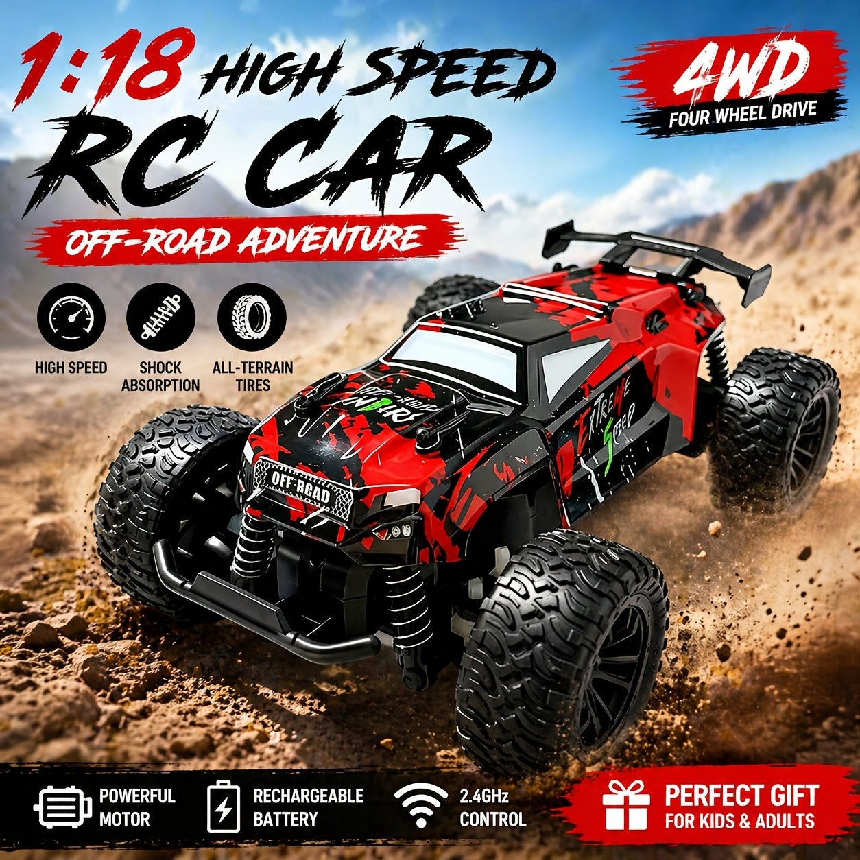 RC Off-Road Car 1:18 Scale 4WD, Interchangeable Shell High-Speed Remote Control Truck with Shock Absorbers 2.4G, Outdoor Climbing Drift Toy, Birthday Gift for Boys Kids