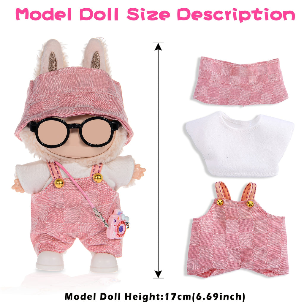 Labubu Doll Clothes 3 Outfits for 17cm Plush Dolls – Hats Shirts Pants Glasses Backpack Shoes Casual Dress-Up Accessories Kit No Doll Kids Collectors Gift