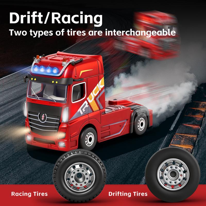 Mini RC Semi Truck with Detachable Container Trailer, HOTFREE 1:64 Scale Red 2.4GHz Remote Control Vehicle with LED Headlights for Indoor Play and Display