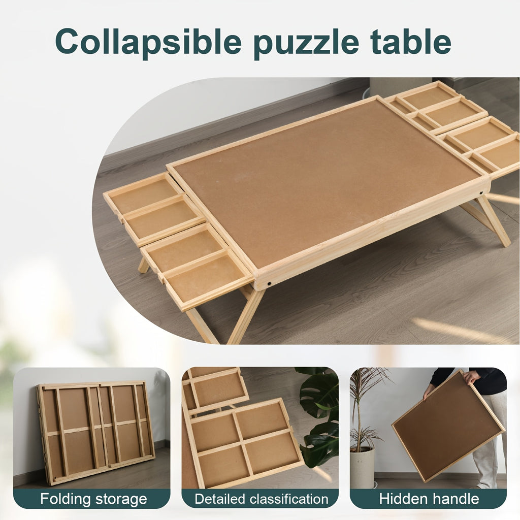 Wooden Puzzle Table Folding Legs 4 Drawers 16 Sorting Grids Portable 1000 Piece Jigsaw Puzzle Board Storage Organizer for Adults Kids School Supplies Gift
