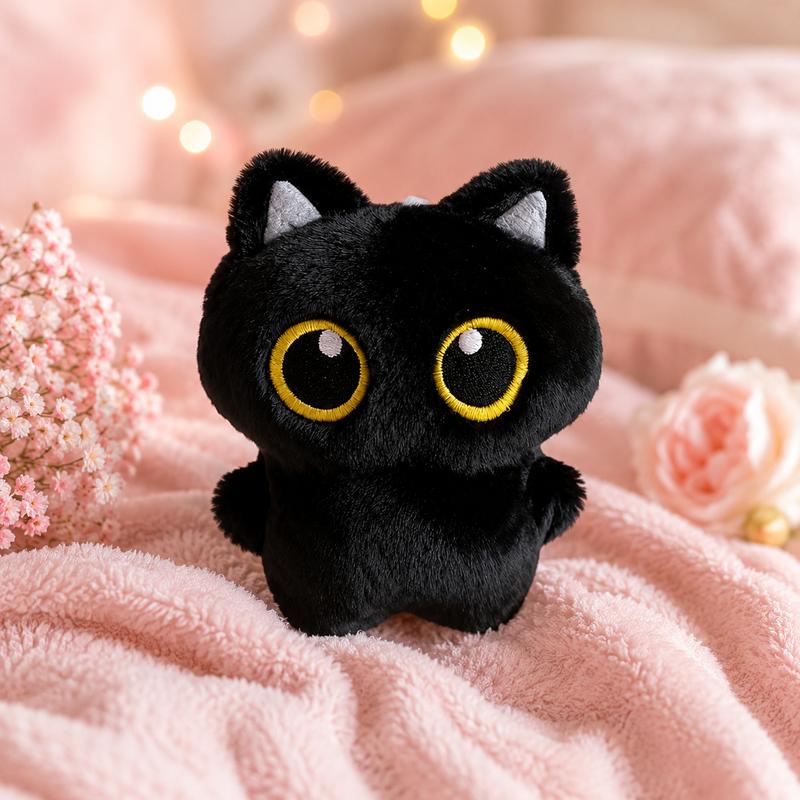 Big Eye Black Cat Plush Toy, Pocket-Sized Kitty Stuffed Animal for Desk and Bedroom Decor, Cute Cat Lover Birthday and Holiday Gift