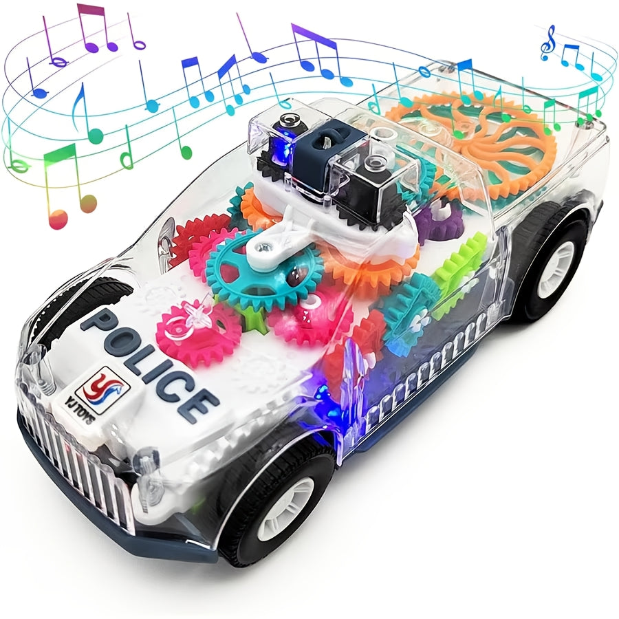 Electric Police Car Toy Transparent Gear Flashing Lights Music 360 Rotation Educational Toddler Toy for Kids Boys Girls Ages 3+ Birthday Christmas Gift