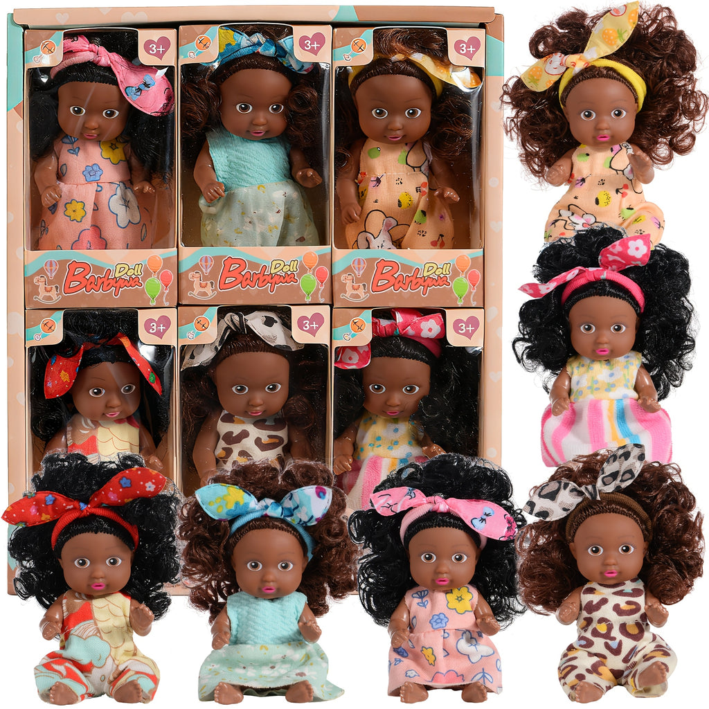 Black Baby Dolls 6 Pack Mini 4.5 Inch Curly Hair Flower Pajamas Poseable Head Hands Feet Gift Box Set Kids Birthday Christmas Holiday Gift Ages 3+