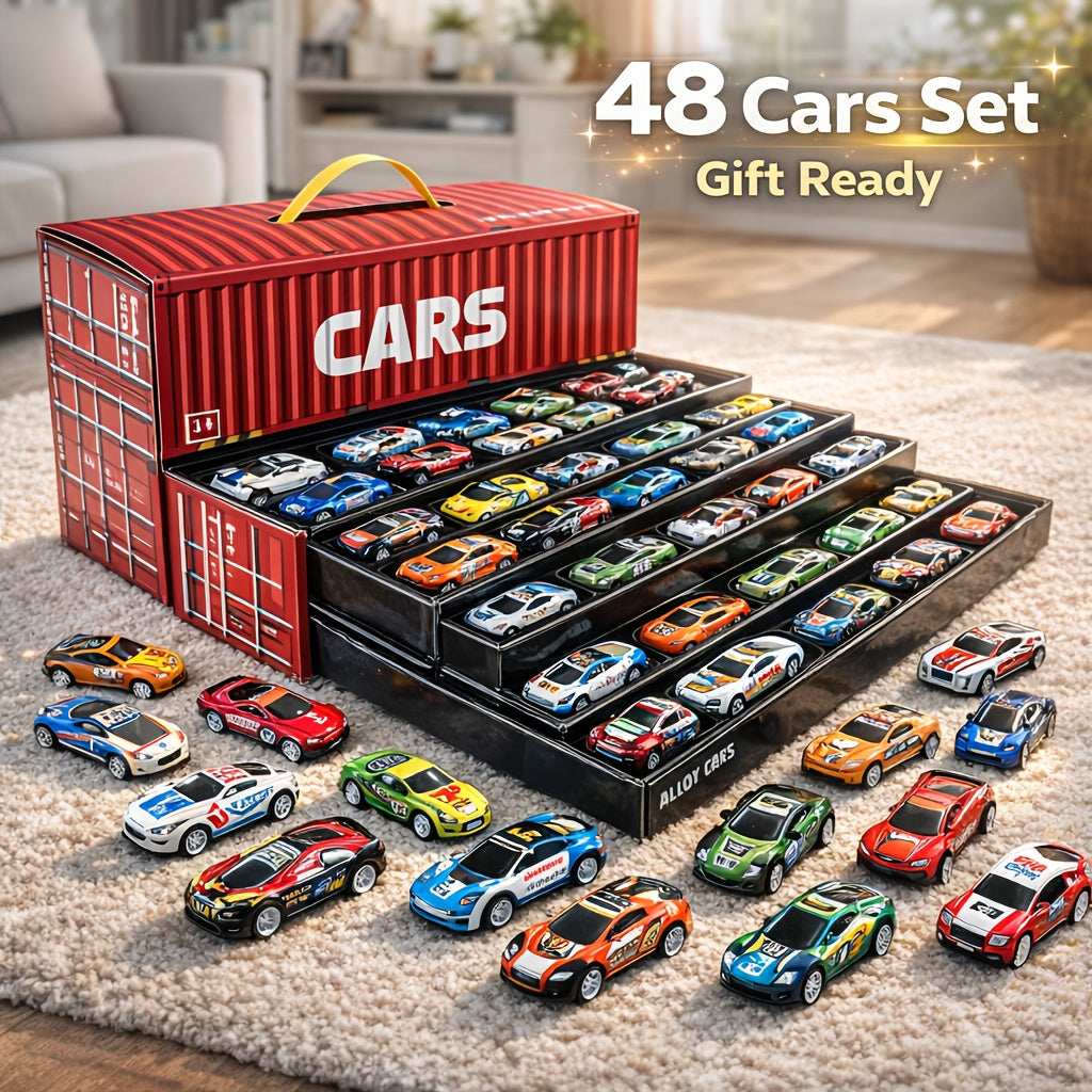 Racing Car Toy Set 48PCS Friction Powered Mini Cars with 4-Level Garage Track All-in-One Play Set for Boys Ages 3+ Birthday Christmas Gift