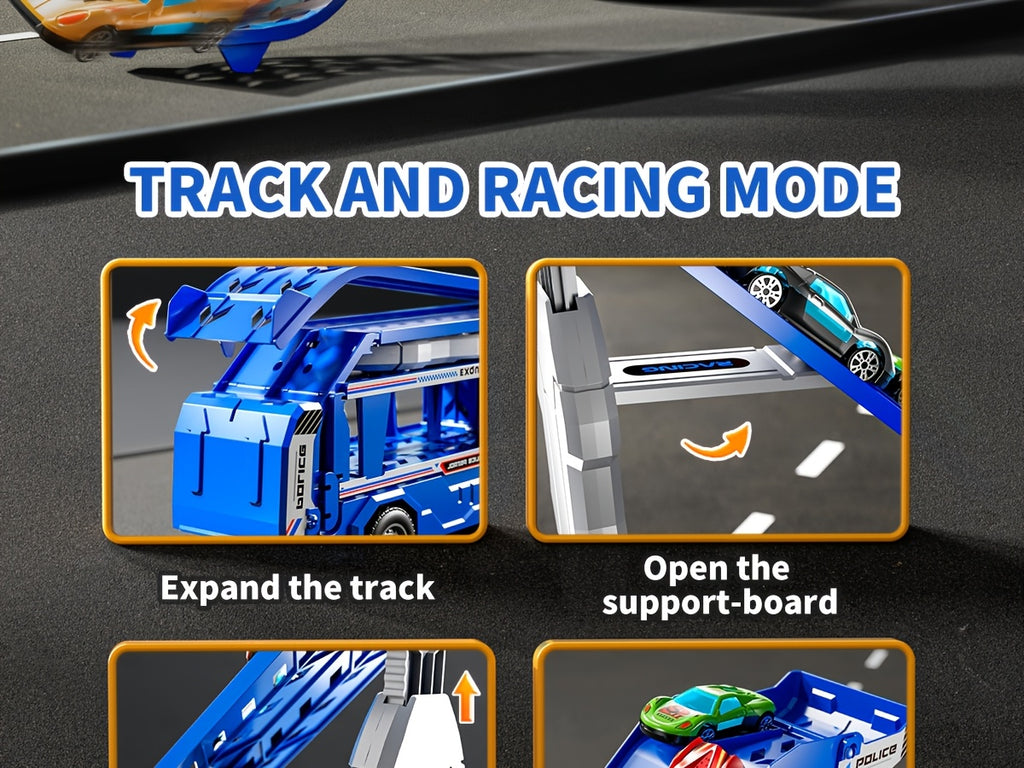 3-in-1 Kids Carrier Truck Toy with Car Tracks, 12 Racing Cars, Foldable Race Track & Garage – Toddler Birthday Gift for Boys Girls Ages 3+, Blue