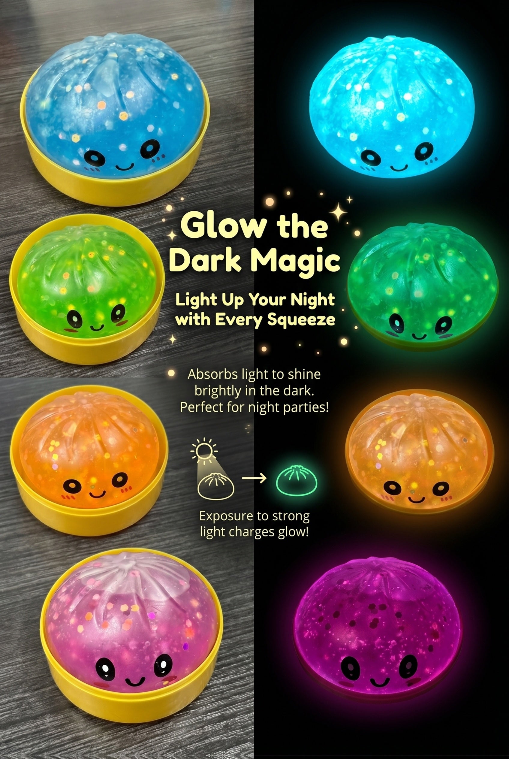 Glow in the Dark Squishy Toy Set 12pcs – Slow Rise Steamed Bun Potsticker Sensory Squeeze Toys Halloween Party Favor for Kids Random Color Kawaii Food