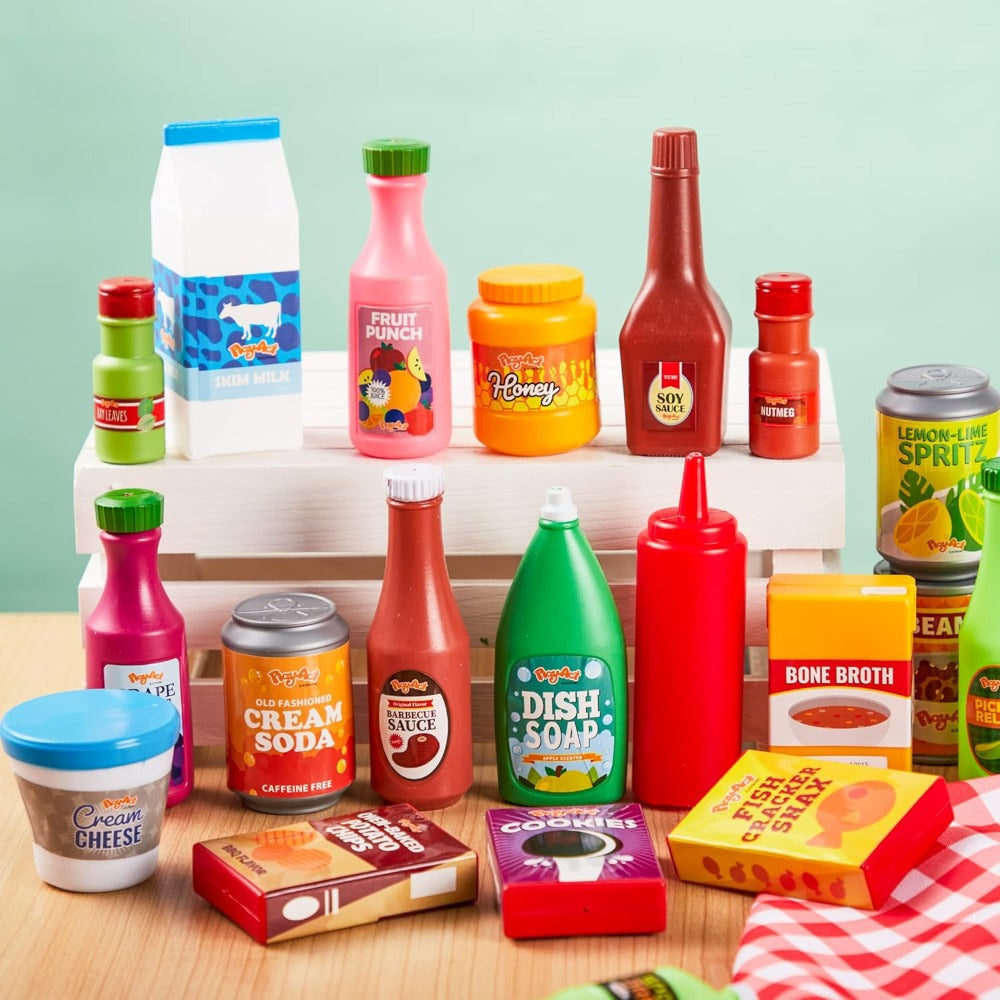 30-Piece Play Food Grocery Cans Set – Pretend Kitchen Additions with Drink, Juice, Snack & Yogurt Cans for Kids, Easter Basket Stuffers & Party Favors