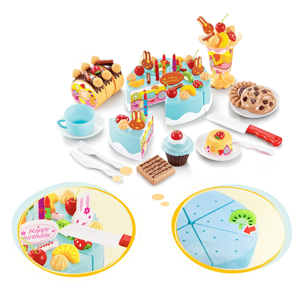Birthday Cake Tea Party Play Food Toy Set Kids Pretend Play Cake Decorating Dessert Accessories 75-85pcs Girls Ages 3+