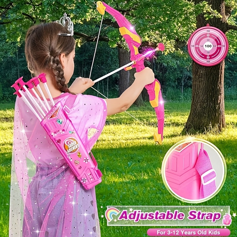 LED Light-Up Princess Bow & Arrow Set for Girls - Archery Toy with Cape, Crown, 10 Suction Cup Arrows & Target, Indoor Outdoor Birthday Gift for Kids Girls Boys
