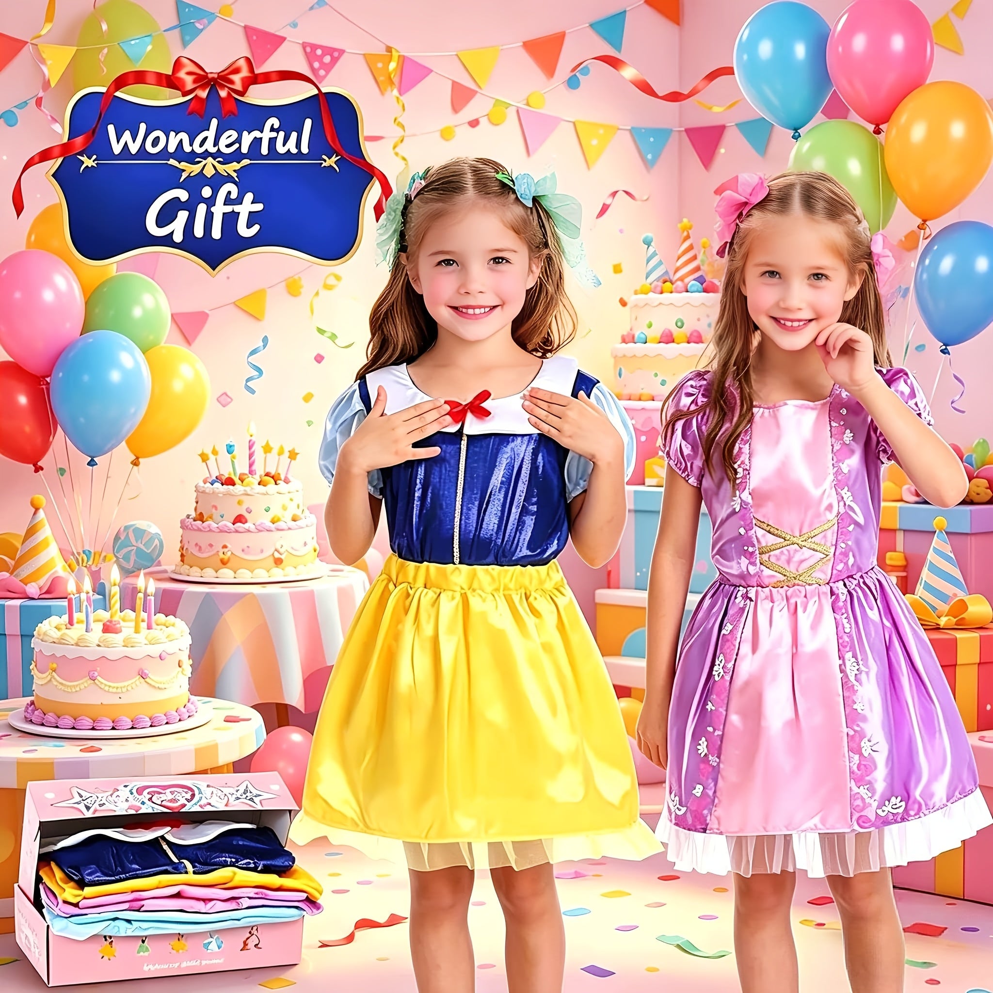 Princess Dress Up Costume Set for Girls 14-Piece, 5 Outfits with Crowns Earrings & Storage Box, Birthday Halloween Gift for Girls Ages 3-6