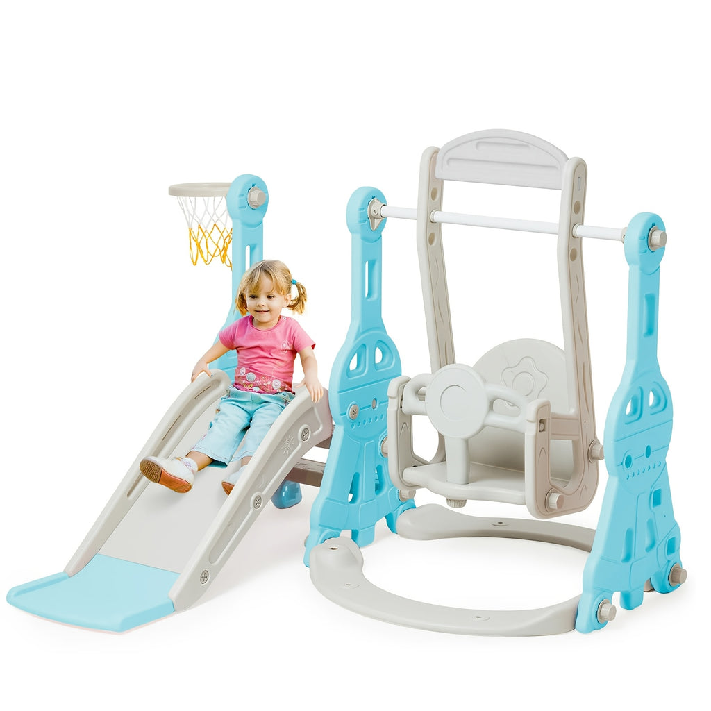 4-in-1 Toddler Slide and Swing Set with Climber Basketball Hoop Indoor Outdoor Backyard Playset for Kids Ages 1-3