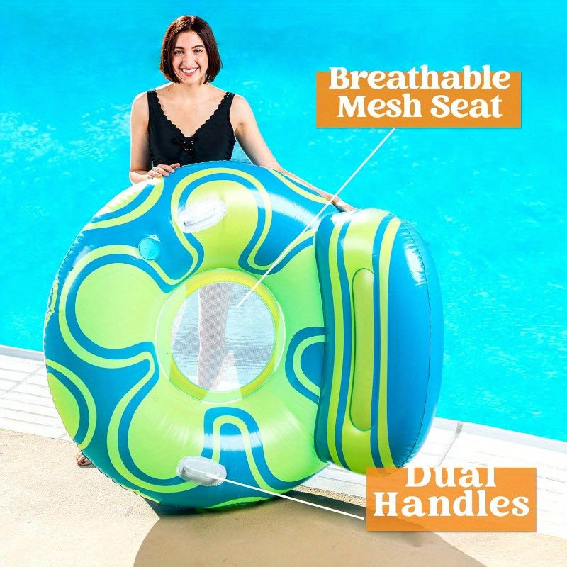 Inflatable Pool Float Lounger for Adults – Floating Chair Sofa with Big Backrest Mesh Bottom Cup Holder Handle – Blow Up River Lake Raft for Pool Party (Blue Yellow)