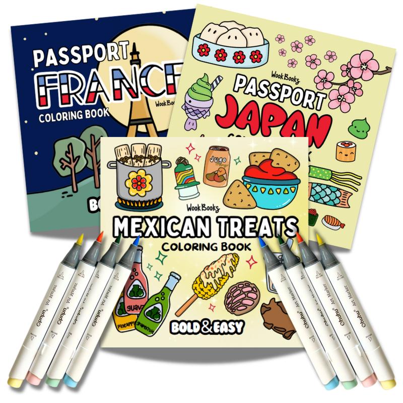 Coloring Book and Marker Bundle by Wook Books, 3 Bold and Easy Books with 8 Mystery Ohuhu Brush-Tip Alcohol Markers, Protective Sheet and Sticker Gifts