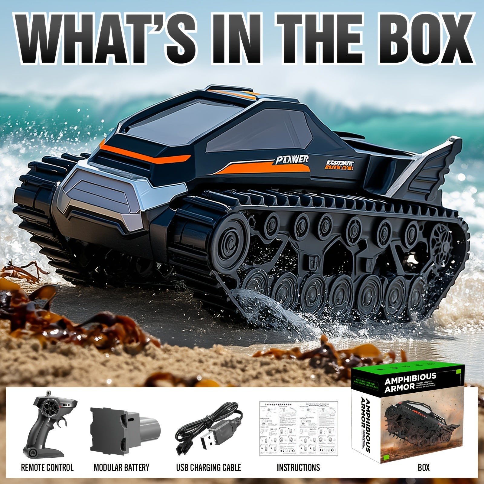 Amphibious RC Tank with 2 Battery Packs High Horsepower Off-Road Drifting Climbing Remote Control Car – All-Terrain Land & Water RC Vehicle for Boys Kids Christmas Halloween Gift