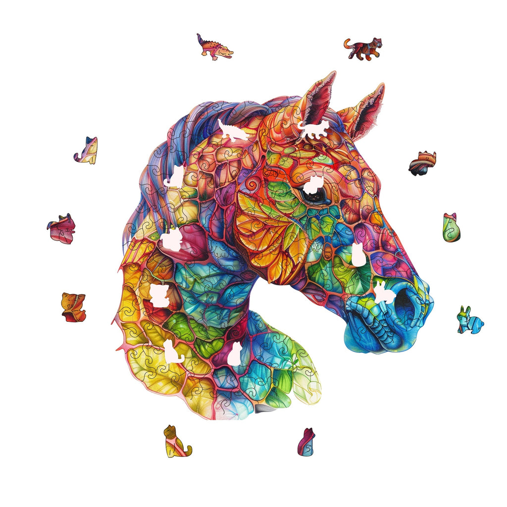 Colorful Horse Wooden Jigsaw Puzzle by WOOD PEOPLE – Artistic Irregular Shaped Pieces, Vibrant Mixed Colors, S/M/L Sizes, Family Gift for Puzzle Lovers Ages 8+