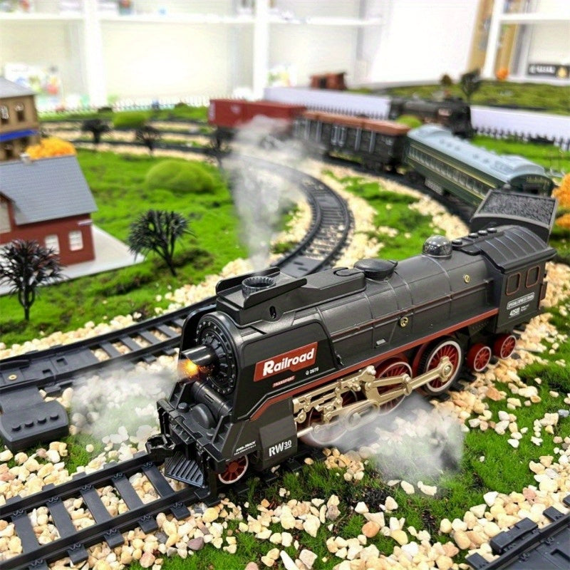 T627A Retro Steam Train Set with LED Lights, Smoke Spray & Realistic Sound Effects – 7-Piece USB Rechargeable Electric Train Toy Gift