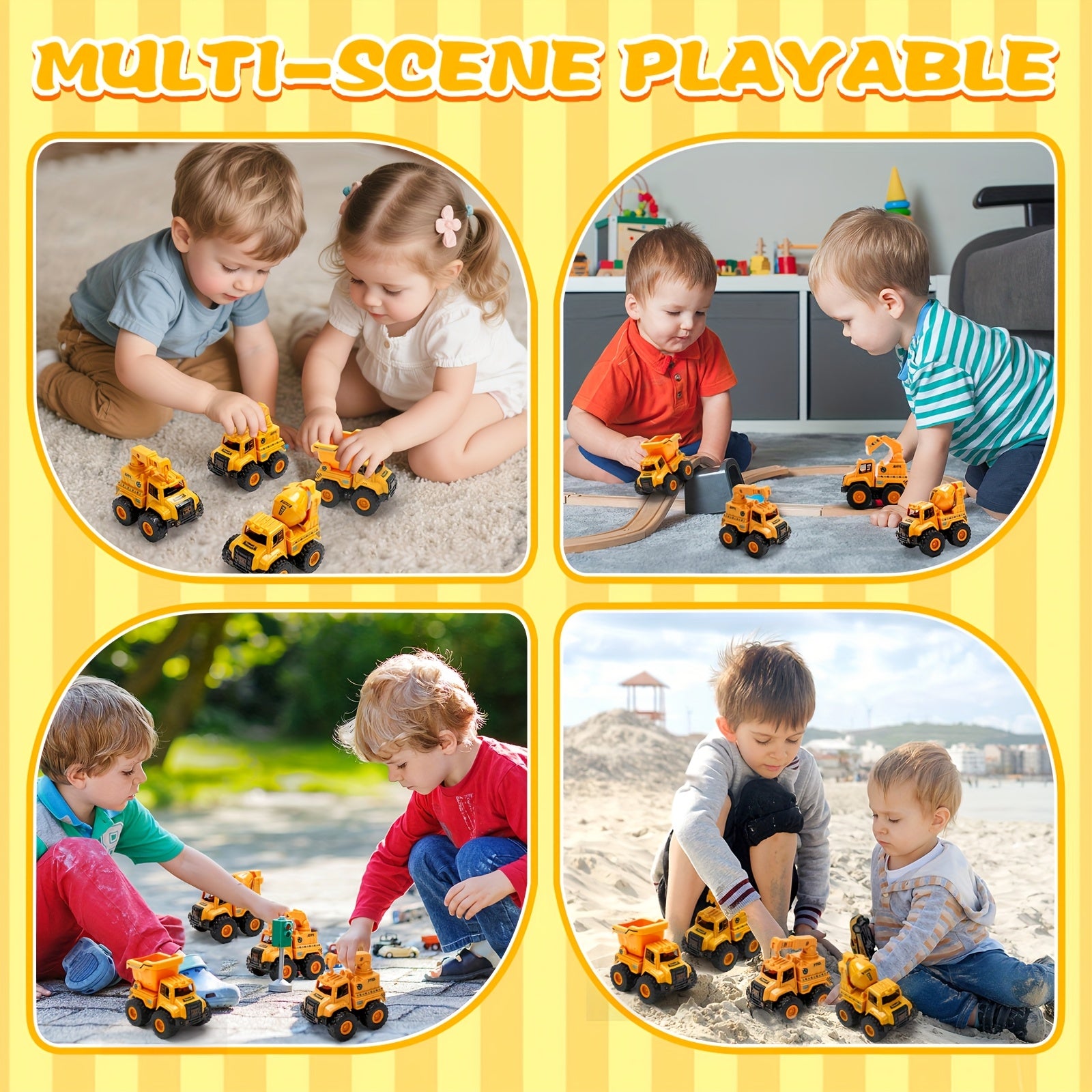4-Piece STEM Construction Toy Vehicle Kit Excavator Dump Truck Crane Cement Mixer Sandbox Toy for Kids Ages 3+ Hands-On Learning Halloween Christmas Gift