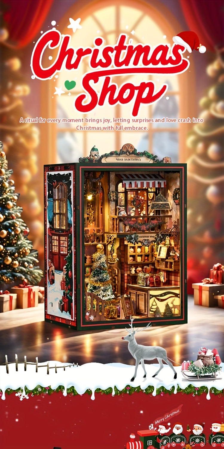 Christmas Shop Book Nook Kit – 3D Wooden Miniature House DIY Bookshelf Insert for Adults & Teens, Cozy Holiday Tiny House Craft, Christmas & New Year Gift, Home Decor
