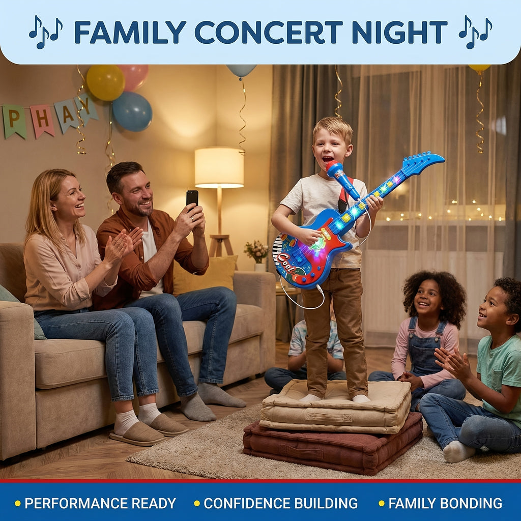Kids Electric Guitar Toy with Microphone - Lights & Sound, Musical Instrument Toy for Boys & Girls, Beginner Guitar, Birthday Gift, Black Blue Pink