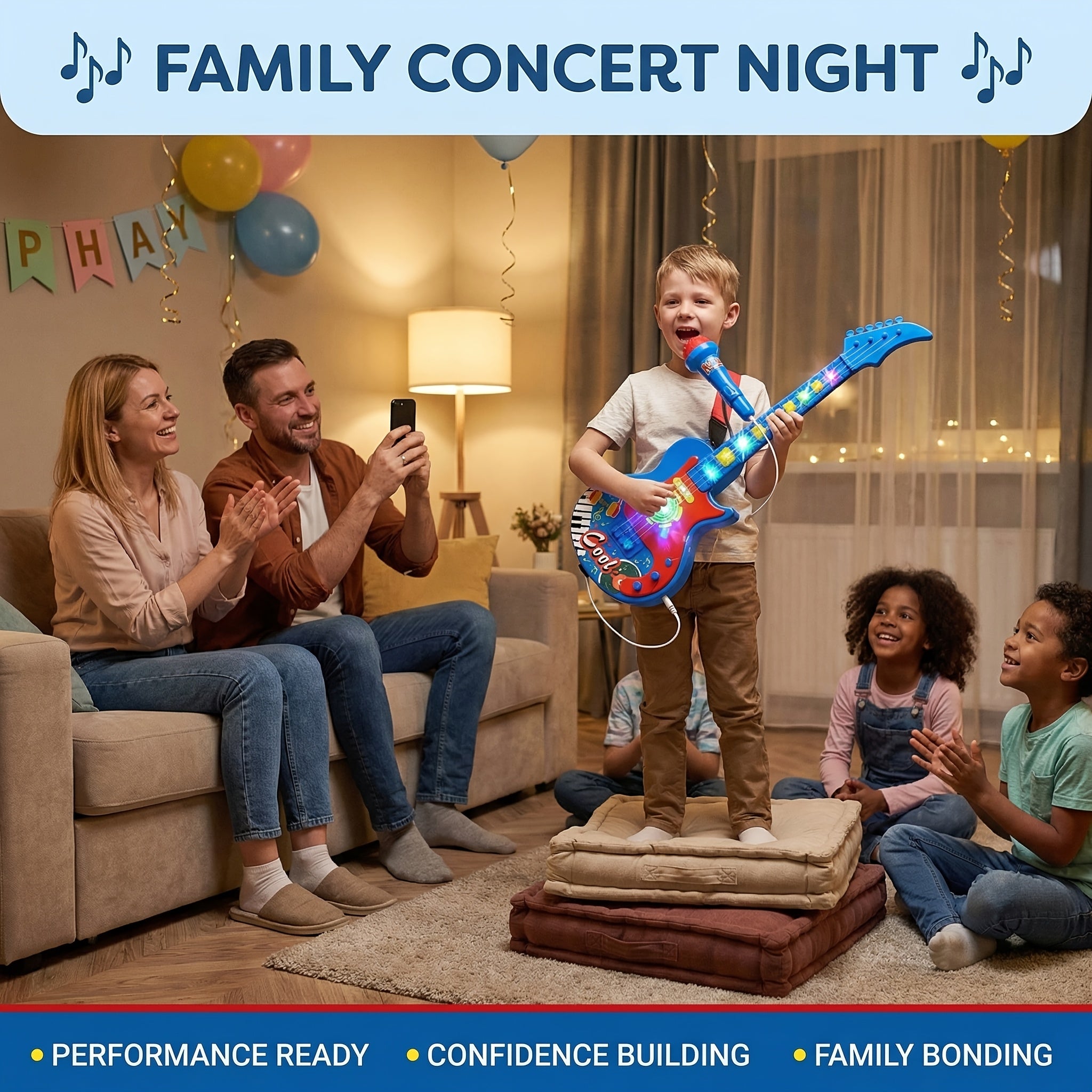 Kids Electric Guitar Toy with Microphone - Lights & Sound, Musical Instrument Toy for Boys & Girls, Beginner Guitar, Birthday Gift, Black Blue Pink