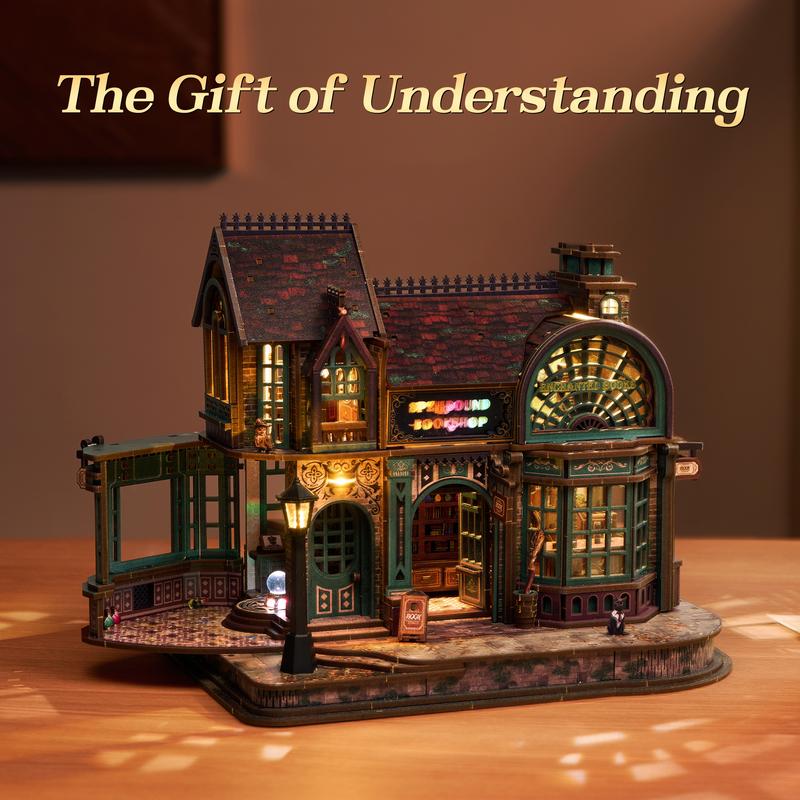 Magic Bookstore 3D Wooden Puzzle Kit, FUNPOLA 447-Piece Spellbound Bookshop with Color-Changing LED Lights, DIY Miniature Gift for Adults & Teens