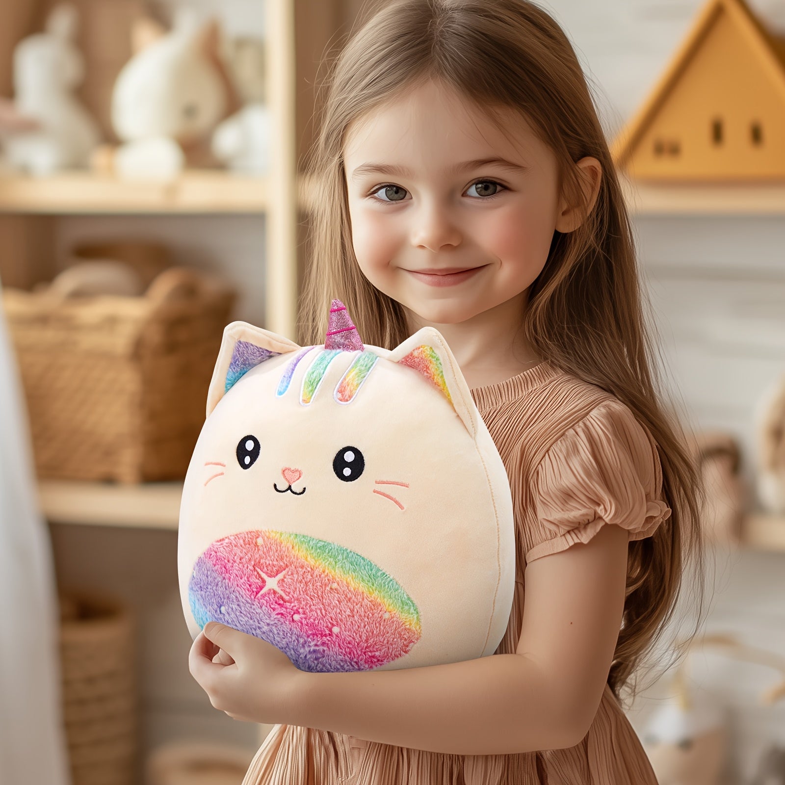 Rainbow Unicorn Kitty Plush Stuffed Pillow - Unicorn Cat Stuffed Animal for Room Decor, Fantasy Playroom Decor, Birthday Mother's Day Gift for Kids Girls Women Friends