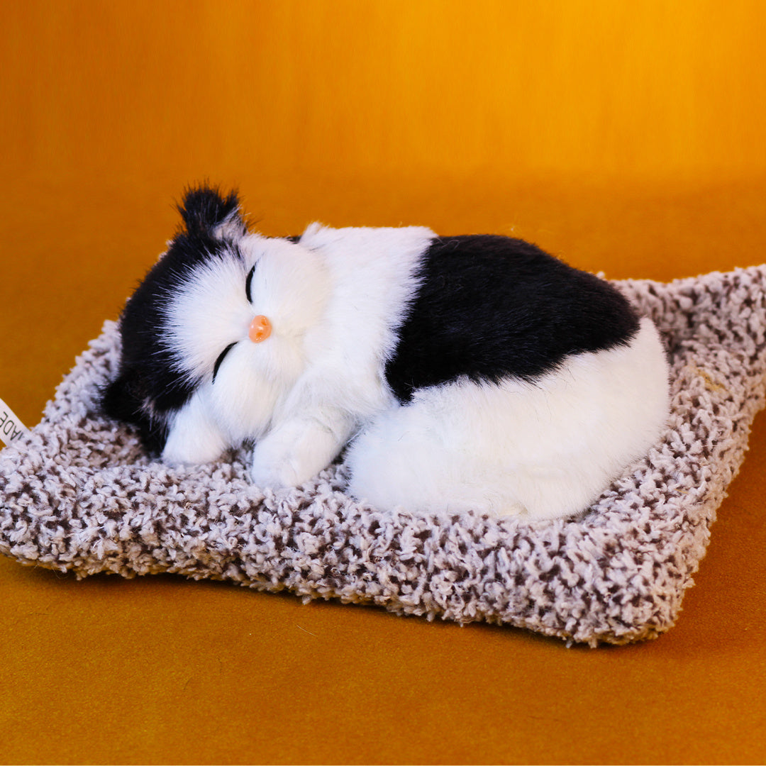 Sleeping Kitten Plush Toy with Meow Sound – Realistic Stuffed Cat Doll Soft Faux Fur, Press-Back Sound, Cute Mini Decor Gift for Kids & Cat Lovers