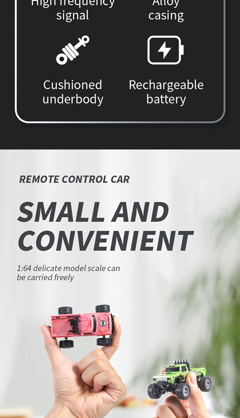 1:64 Mini RC Alloy Monster Truck with Trailer - 2.4GHz Off-Road Pickup Rock Crawler, Body Lights & Headlights, Tabletop Decor, Birthday Christmas Gift for Boys