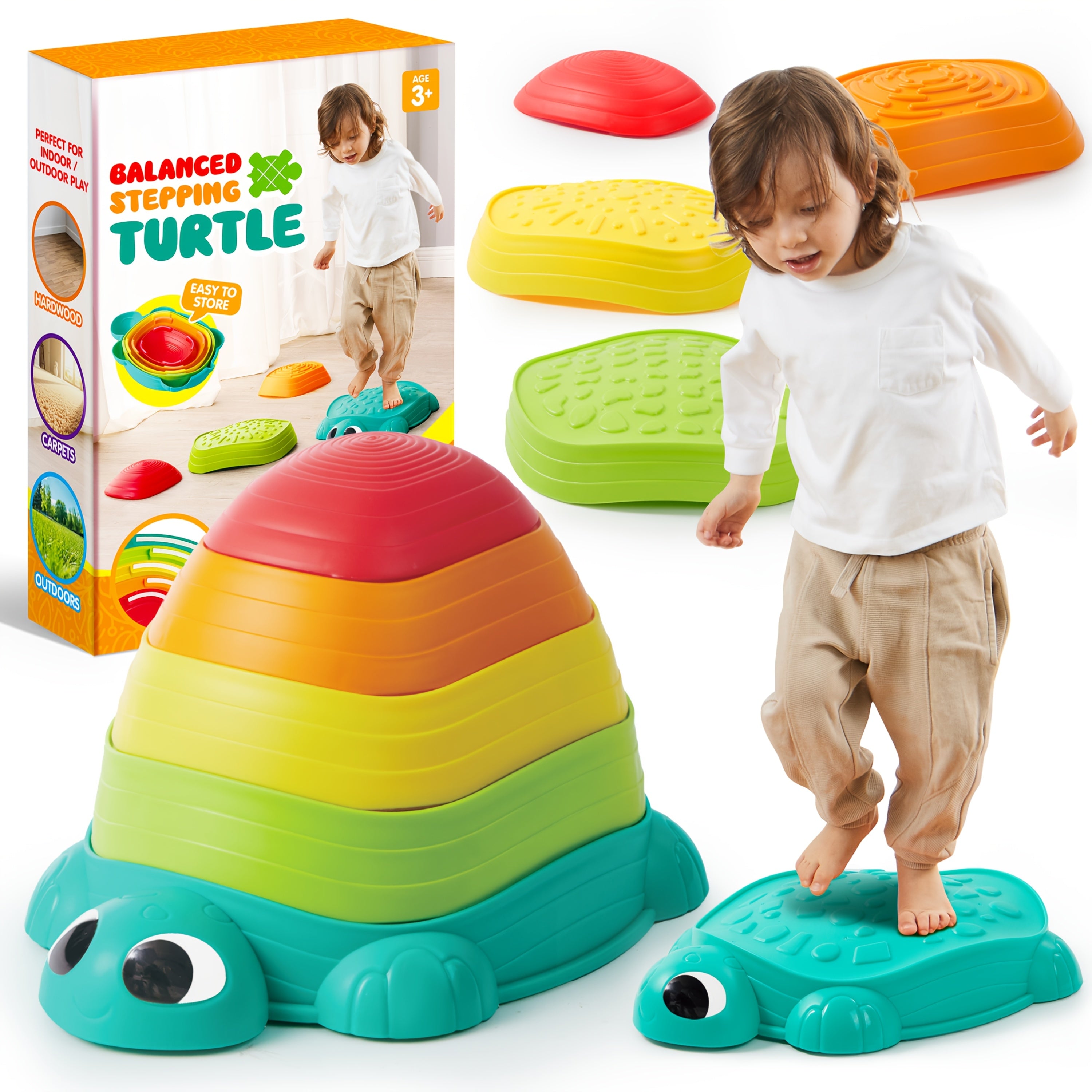 Turtle Balance Stepping Stones for Kids 5pcs Indoor Outdoor Obstacle Course Gross Motor Coordination Toy Ages 3 4 5 6 - Birthday Christmas Gift