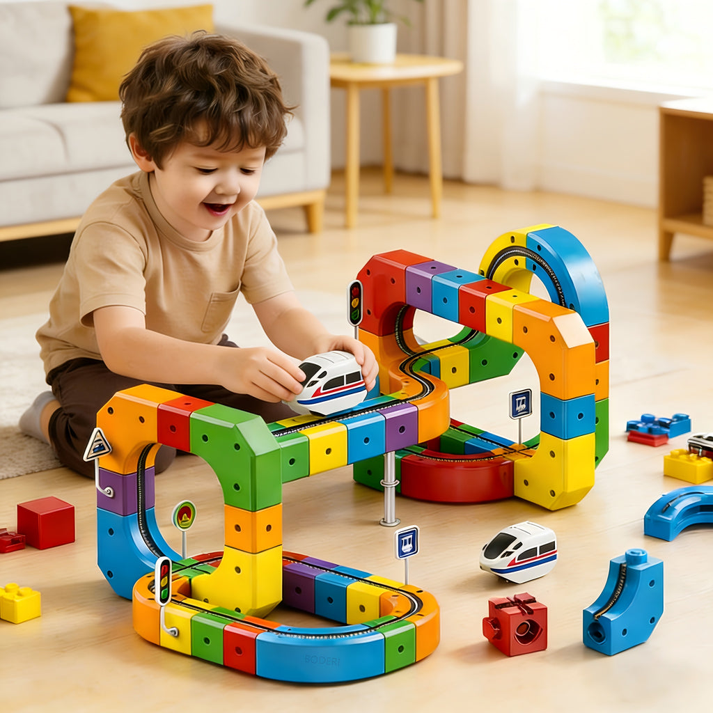 3D Gravity Magic Track Train Set DIY Deformable Racing Track STEM Building Toy with Blocks Traffic Lights for Kids Ages 3 4 5 Indoor Outdoor Birthday Gift
