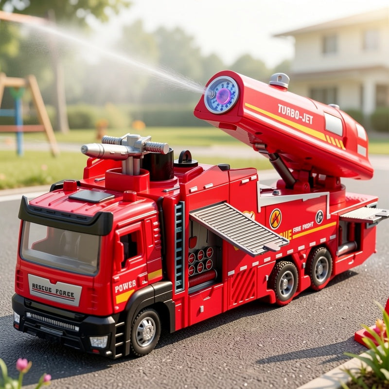 Die-Cast Fire Truck Toy with Water Mist Spray Lights Sounds Pull Back Zinc Alloy Fire Rescue Vehicle for Kids Boys Girls Ages 3+
