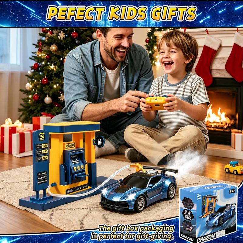Spray RC Racing Car 1:18 Scale with Dual Sounds, LED Lights and 2.4GHz Remote Control, NIRVIXEN Automatic Parking Car Playset Gift for Boys and Girls