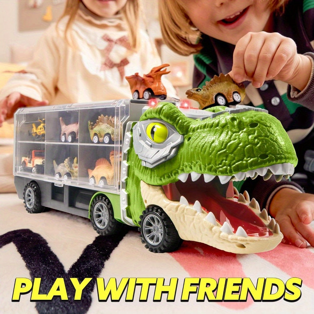 Dinosaur Truck Toy Set 13-in-1 for Kids – Transport Carrier with Sound & Lights, 12 Pull-Back Dino Cars & Helicopter, Birthday Gift for Boys Ages 3 4 5