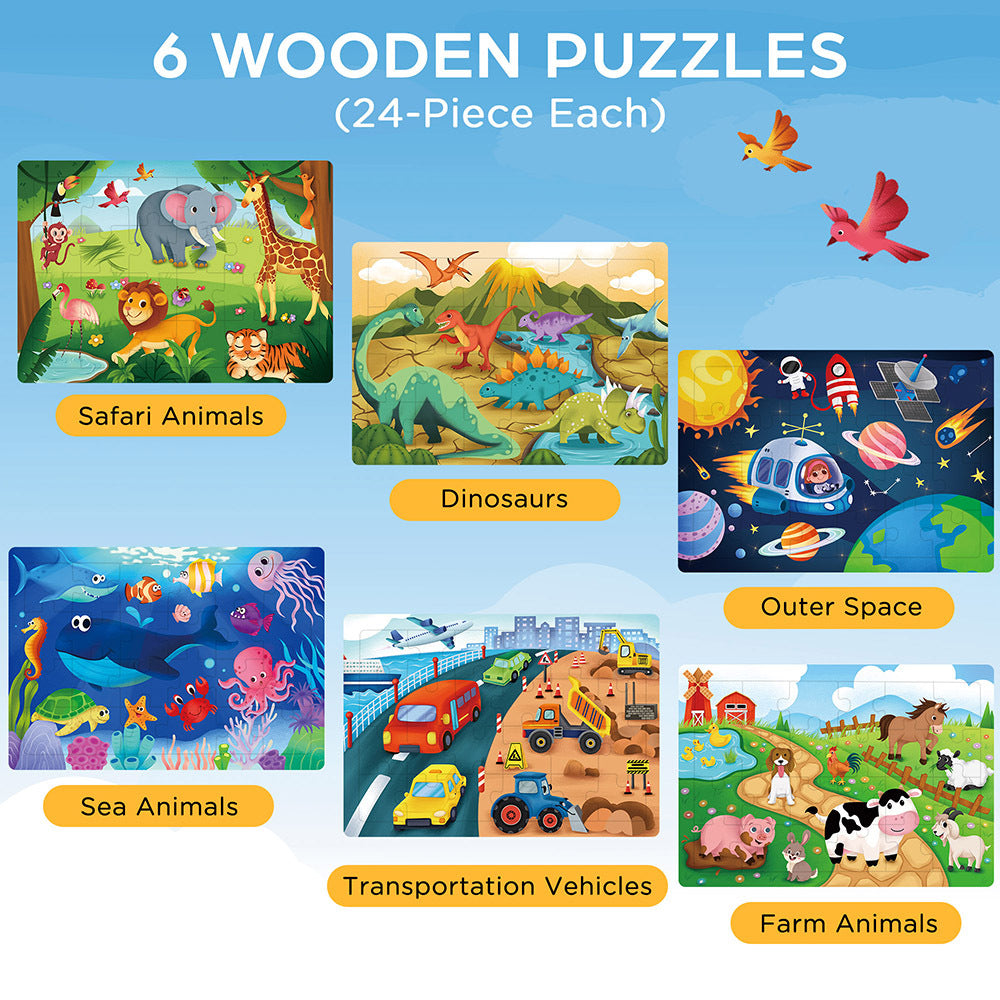 6 Pack Wooden Jigsaw Puzzles for Kids – 24 Pieces Each, Preschool Learning Toys for Toddlers Boys & Girls, Educational STEM Puzzle Set, Birthday Gift for Ages 3-5