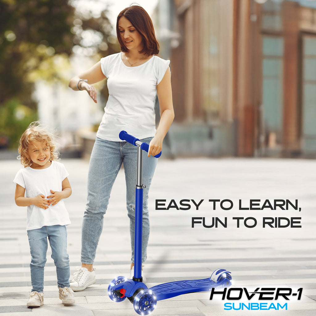 Hover-1 Sunbeam Kids Kick Scooter with Multicolor LED Wheel Lights – 3-Wheel Adjustable Height, 110 lb Capacity, Rear Foot Brake for Boys & Girls