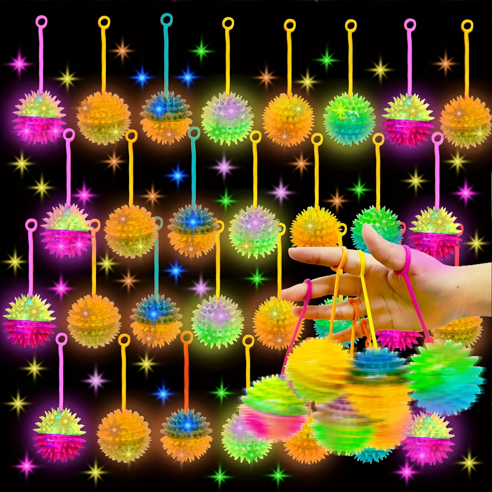 LED Light Up Inflatable Balls 28 Pcs Glow in the Dark - Spiky Sensory Balls on Rope, Party Favors for Kids Teens Adults, Carnival Decorations, Birthday Party Gift