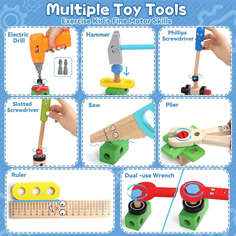 Wooden Kids Tool Set 44 Pcs with Electric Drill Apron Storage Box Educational Toy for Boys Girls Ages 3 and Up Hands-On Skills Birthday Christmas Gift