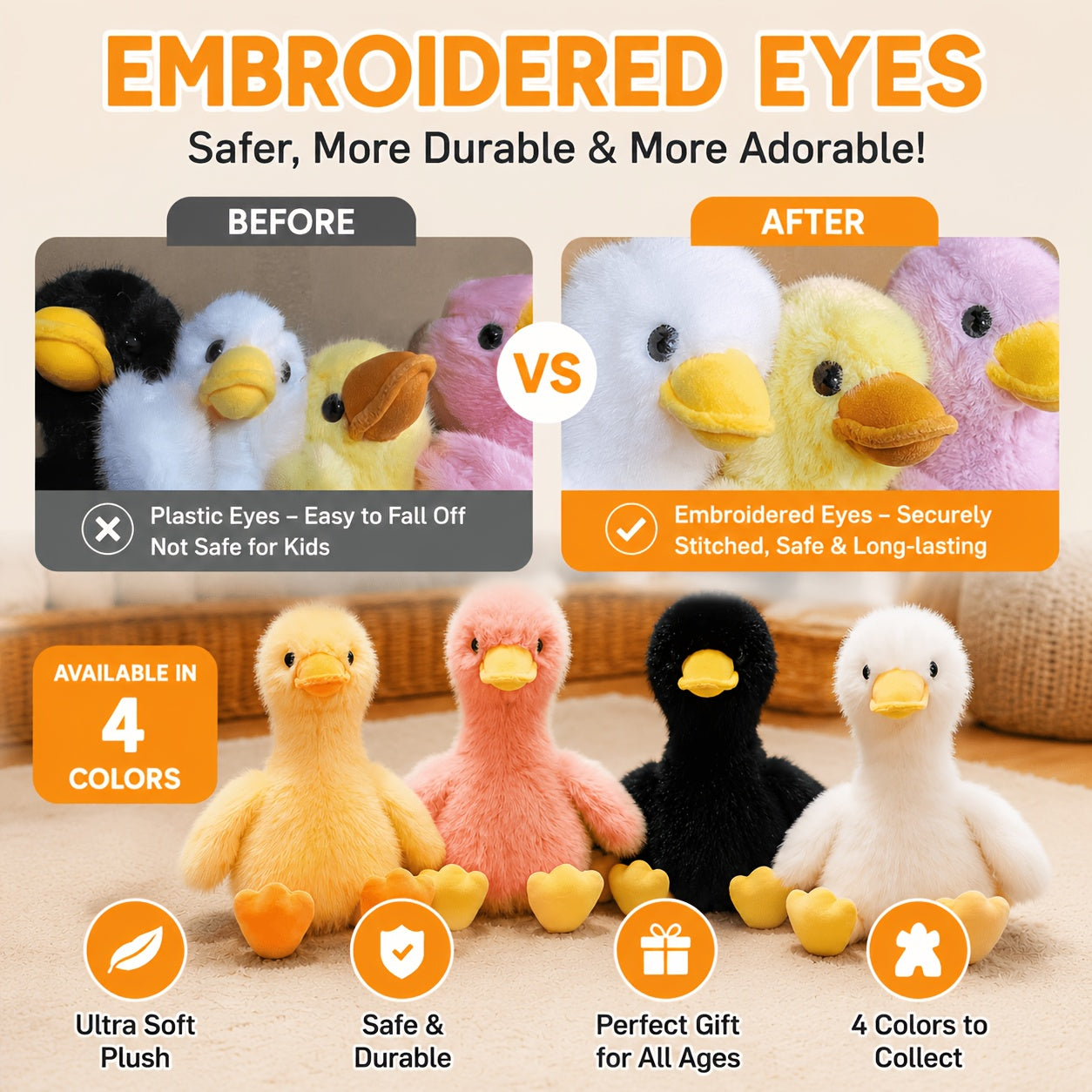 Duck Plush Stuffed Animal Toy 13 Inch – Super Soft Cartoon Duck Stuffed Animal in Yellow Pink White Black, Perfect Birthday Christmas Halloween Gift for Kids Toddlers Girls Boys
