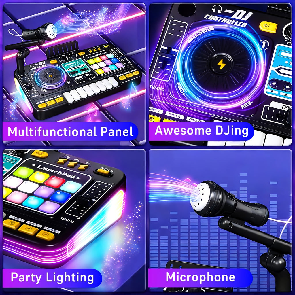 Kids DJ Mixer Toy Set with LED Lights Microphone Piano Keys 100+ Sound Effects Rechargeable Interactive Music Controller for Boys Girls Birthday Gift