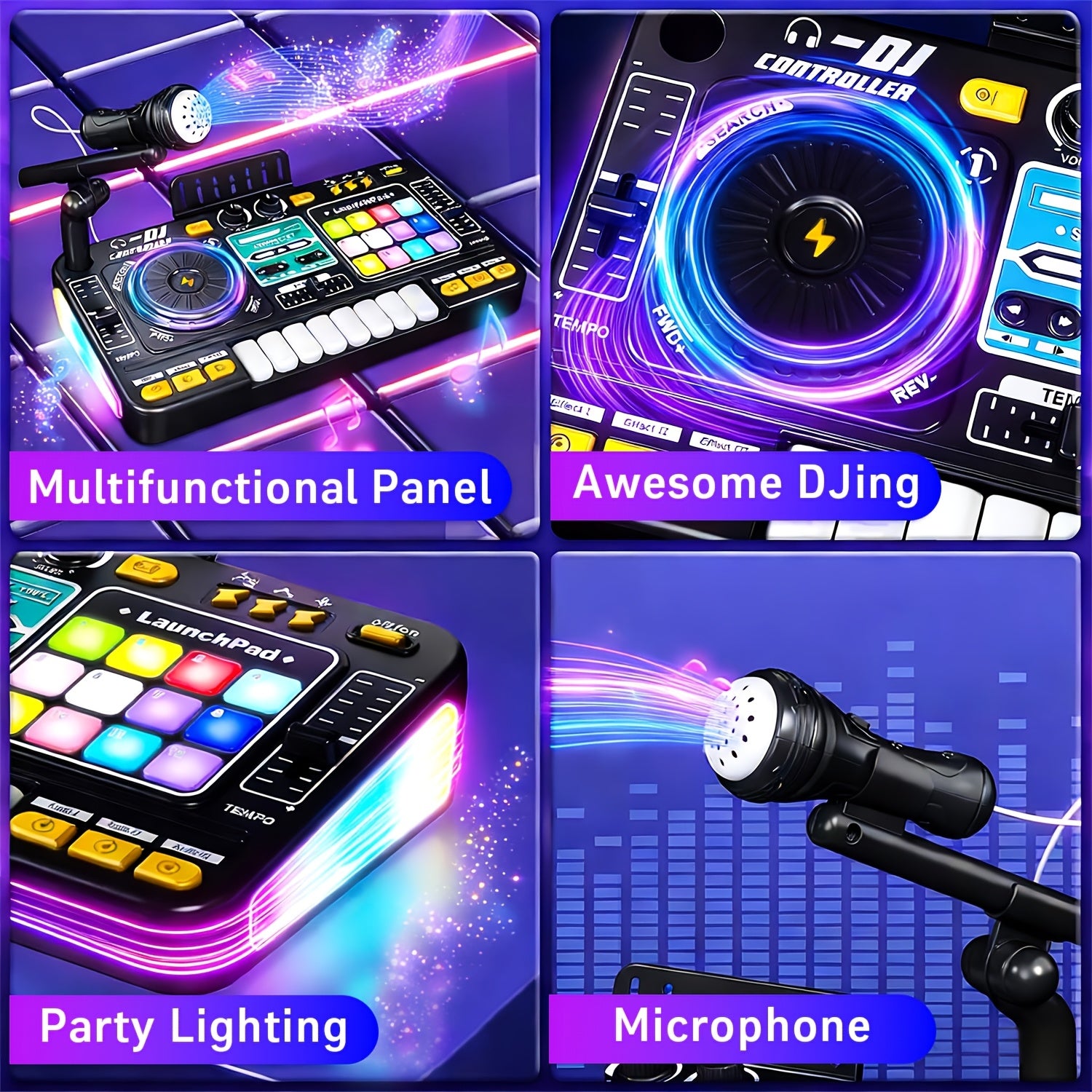 Kids DJ Mixer Toy Set with LED Lights Microphone Piano Keys 100+ Sound Effects Rechargeable Interactive Music Controller for Boys Girls Birthday Gift