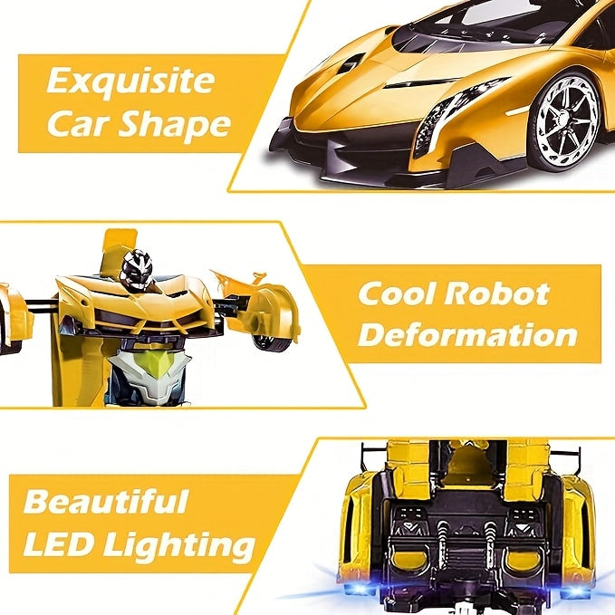 Transform Robot RC Car 1:18 Scale One-Click Car to Robot 2.4GHz 360 Drift LED Light 45M Range Non-Toxic ABS Kids Boys Ages 3+ Birthday Christmas Gift
