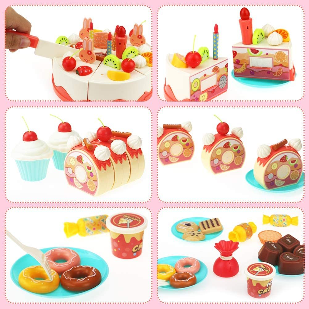 Birthday Cake Tea Party Play Food Toy Set Kids Pretend Play Cake Decorating Dessert Accessories 75-85pcs Girls Ages 3+