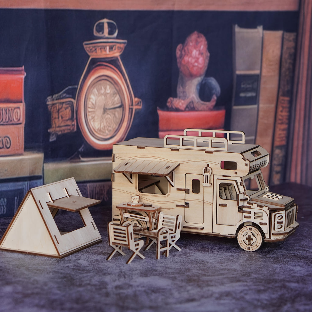 3D Wooden Puzzle RV Camping Car Model Kit, Travel Camper Van Assembly Building Block Toy, Creative DIY Wood Craft Gift for Friends Family Adults & Kids
